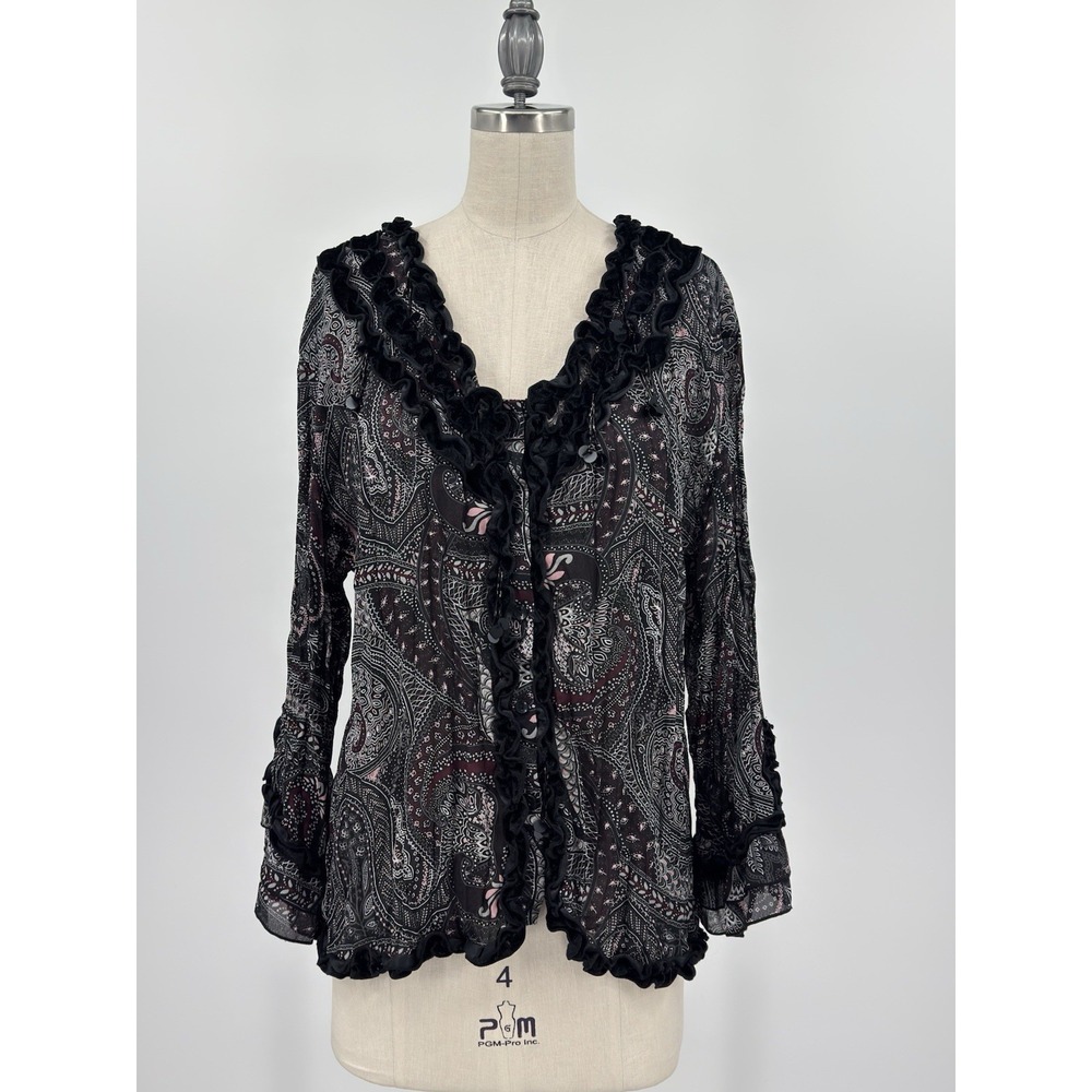 Signature Larry Levine Paisley Ruffle Sheer Crinkle Blouse Beads XL Whimsigoth